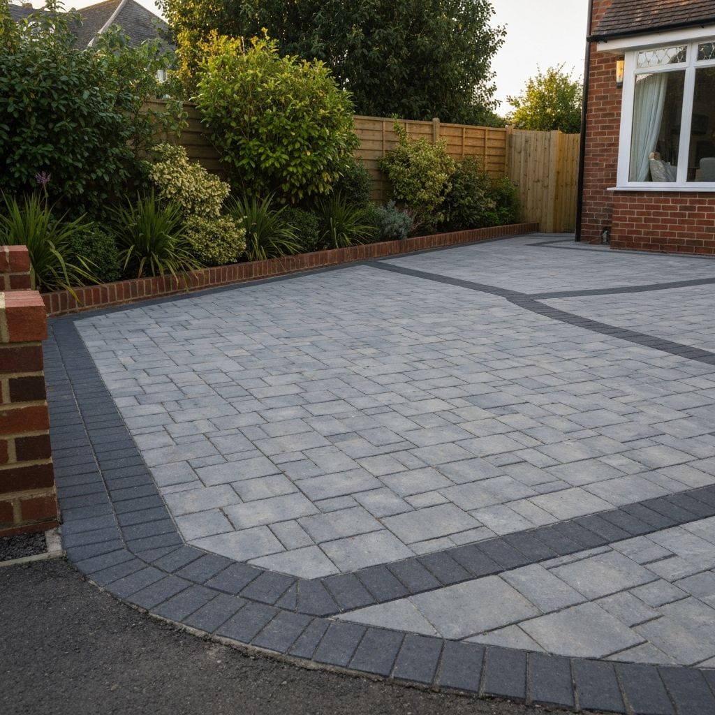 Block paving driveway and patio area