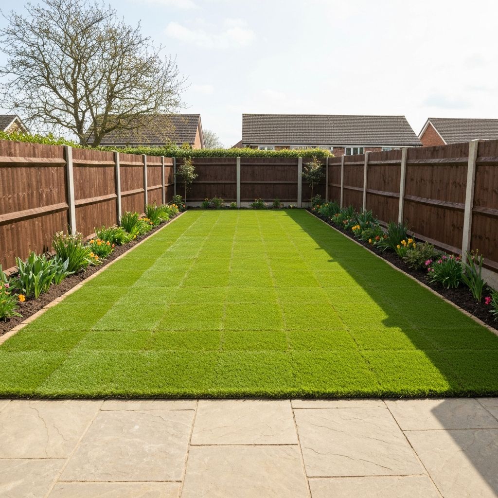 Newly laid turf lawn in residential garden